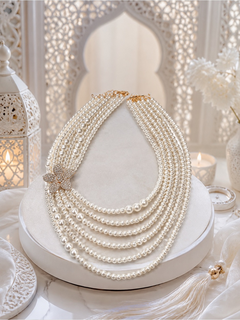 Elegant Multi-Strand Pearl Necklace with Crystal Flower Accent - White